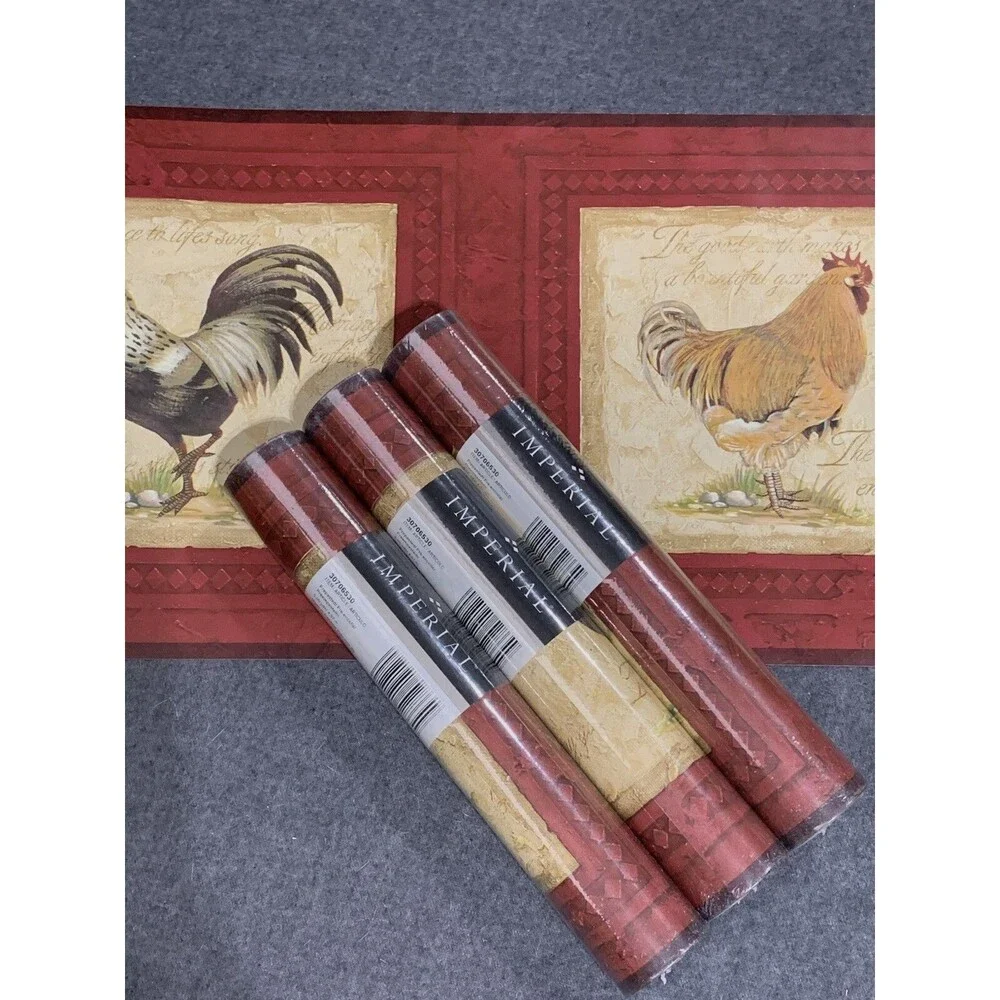 3 Tuscan Brick Red Rooster Hen Chicken Frame Beige Wall paper Border